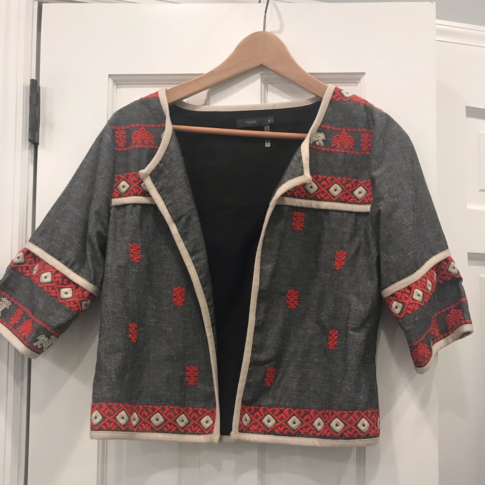 Cotton embroidered cropped open front jacket